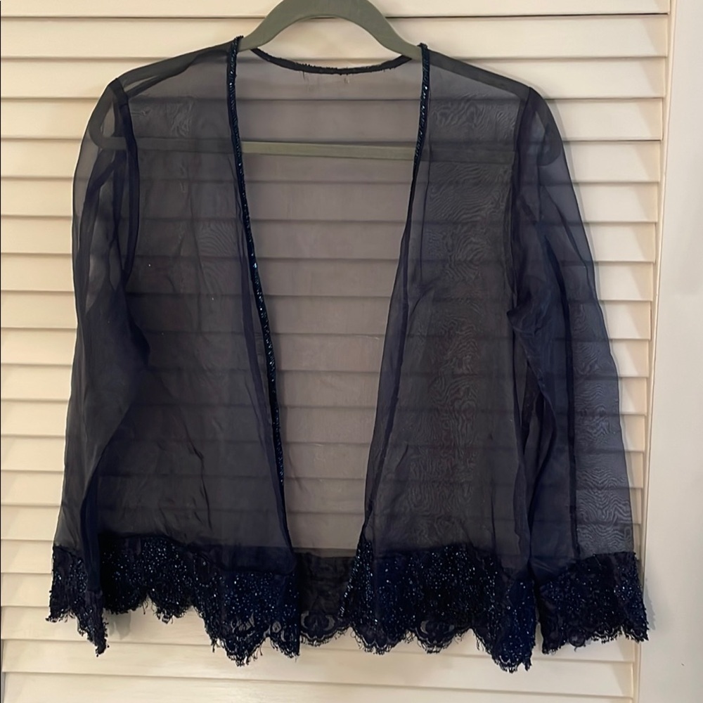 Vintage Navy Blue Sheer Beaded Lace Trim Jacket Elegant Sheer Cardigan